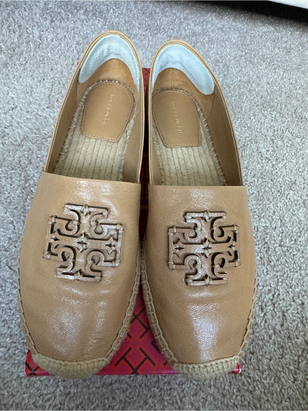 Tory Burch Ginger Shortbread Leather Logo Cutout Espadrilles